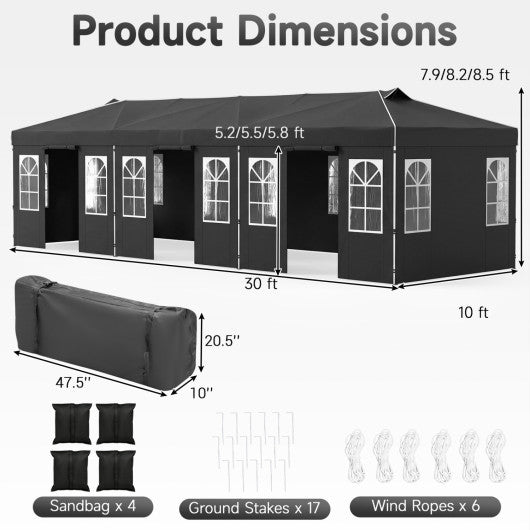 10 x 30 FT Pop Up Canopy Tent with 8 Sidewalls and Adjustable Height-Black