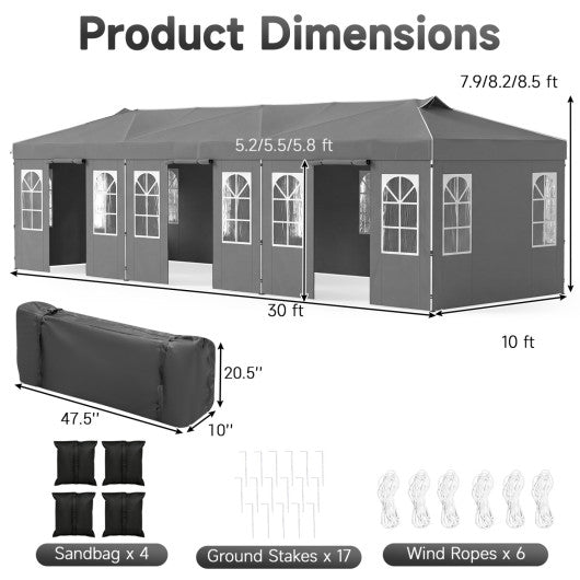 10 x 30 FT Pop Up Canopy Tent with 8 Sidewalls and Adjustable Height-Gray