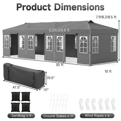 10 x 30 FT Pop Up Canopy Tent with 8 Sidewalls and Adjustable Height-Gray