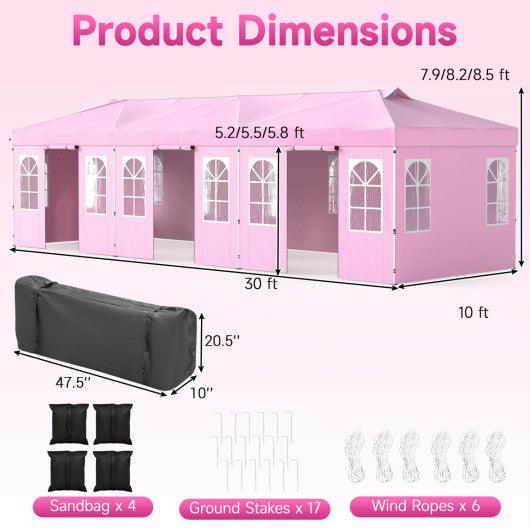 10 x 30 FT Pop Up Canopy Tent with 8 Sidewalls and Adjustable Height-Pink