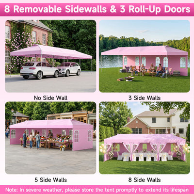 10 x 30 FT Pop Up Canopy Tent with 8 Sidewalls and Adjustable Height-Pink