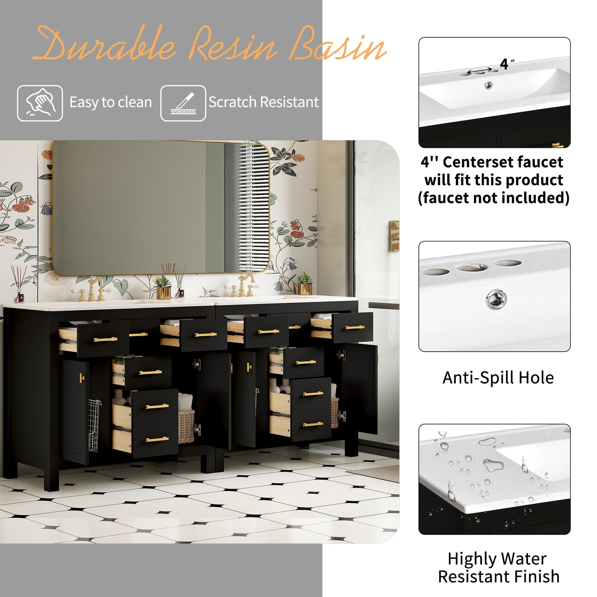 Modern Freestanding Bathroom Vanity Set with Drawers & Storage Cabinet, Solid Wood Frame
