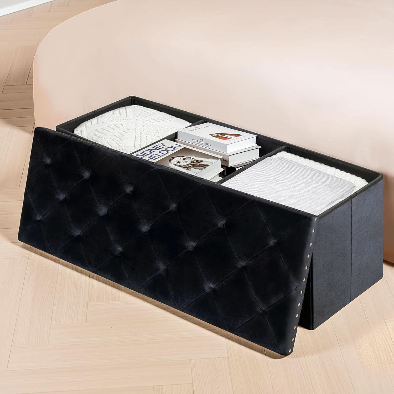 Black Premium Velvet Storage Ottoman Bench Bedroom