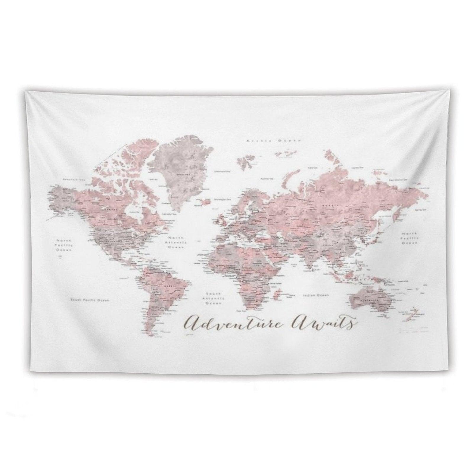 World Map Adventure Awaits in Dusty Pink And Grey Tapestry