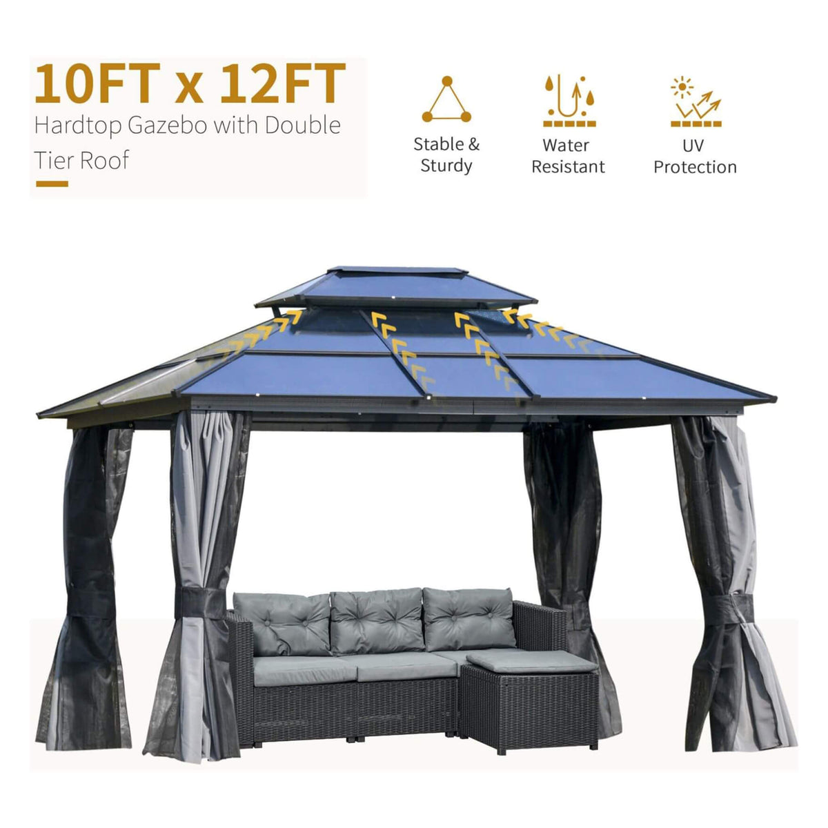 [10X12FT] Hardtop Gazebo Canopy With Polycarbonate Double Roof, Netting, And Curtains (SAK15672)