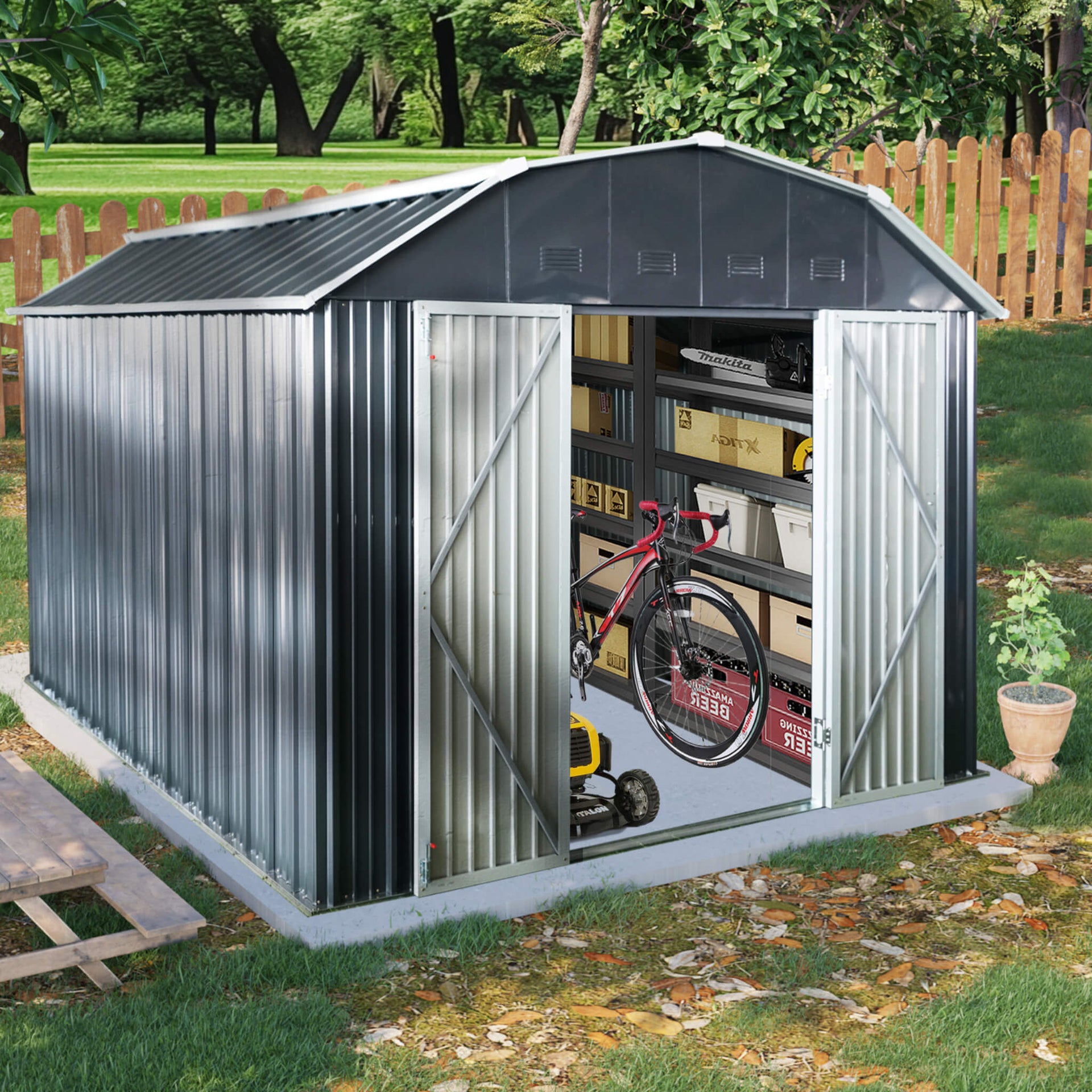 [10X12FT] Heavy-Duty Outdoor Metal Garden Backyard Shed With Arch Roof And Lockable Doors (SAK57431)