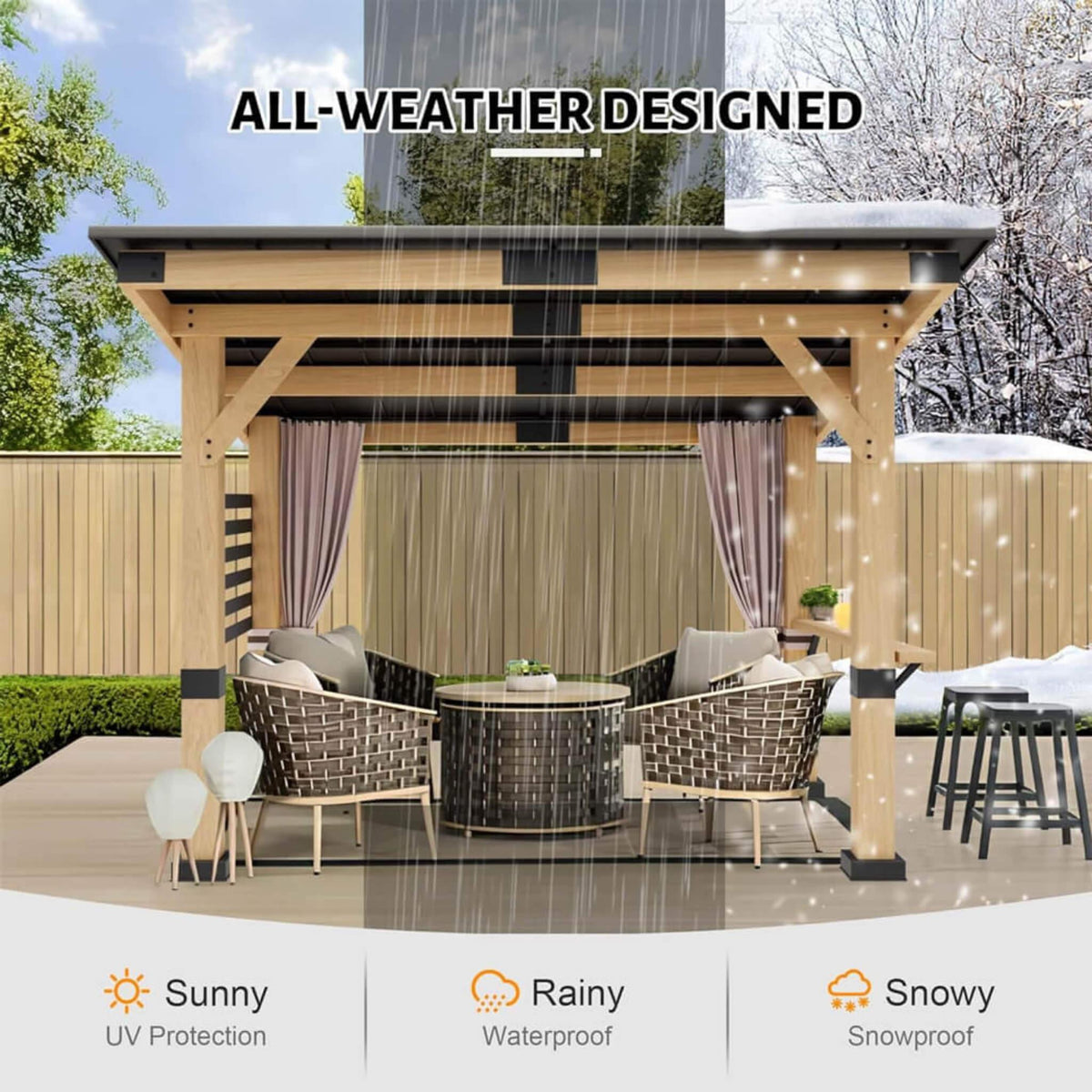 [10X12FT] Heavy-Duty Premium Outdoor All-Season Wooden Cedar Hardtop Gazebo With Metal Roof & Back Curtains (SAK57184)