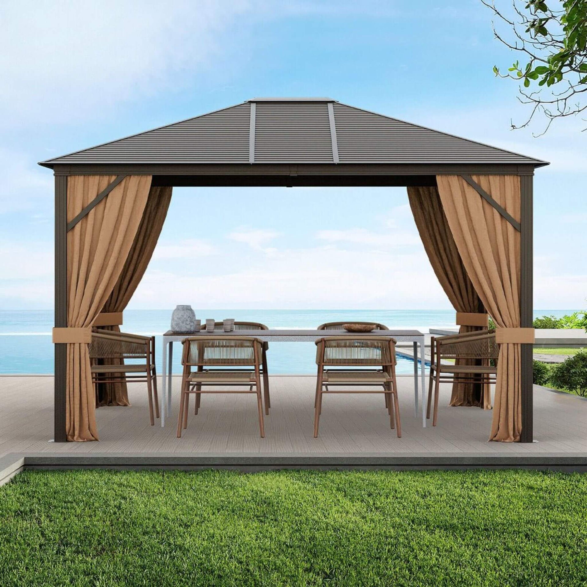 [10x12FT] Premium Outdoor Hardtop Patio Gazebo W/ Galvanized Steel Top & Aluminum Frame (SAK74065)