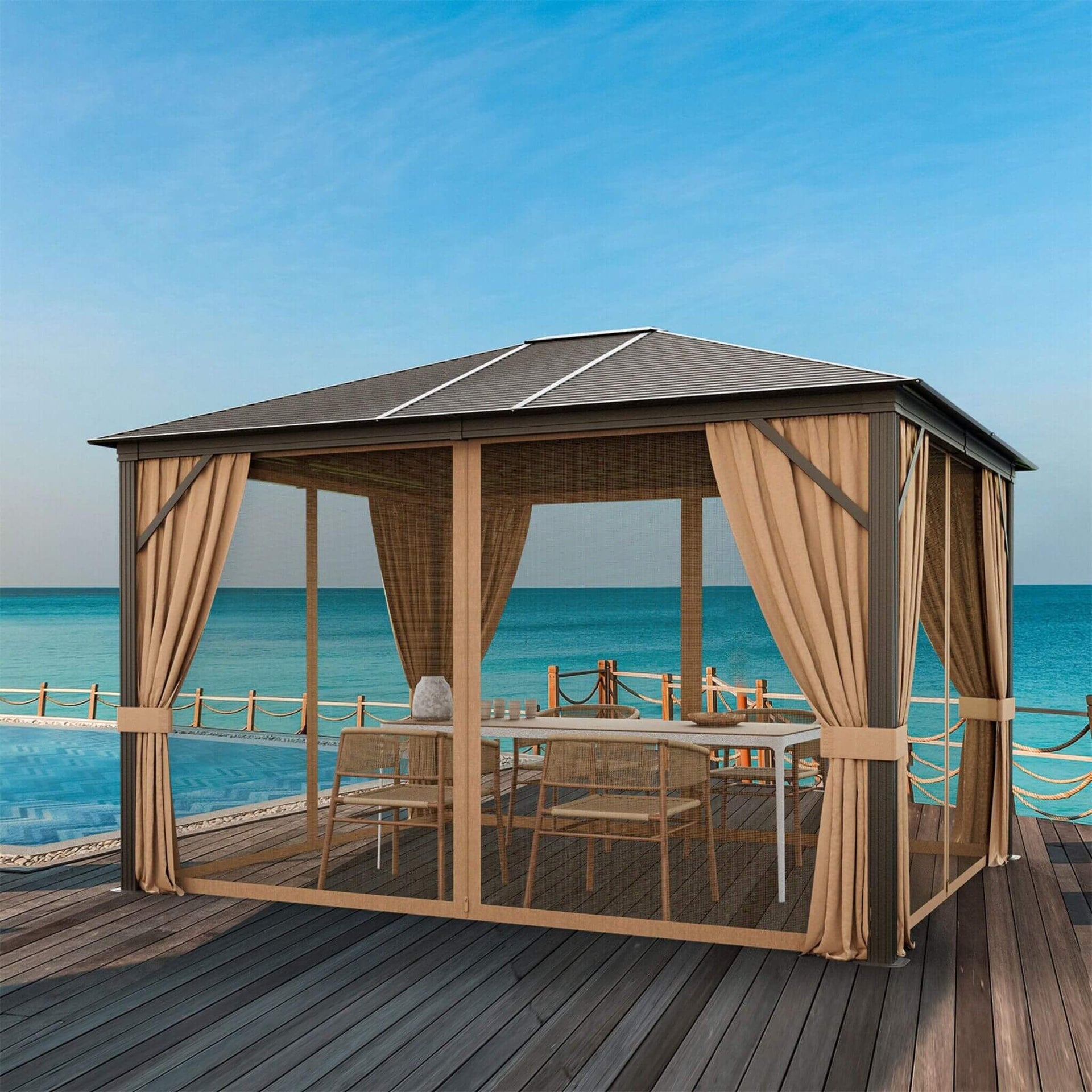 [10x12FT] Premium Outdoor Hardtop Patio Gazebo W/ Galvanized Steel Top & Aluminum Frame (SAK74065)