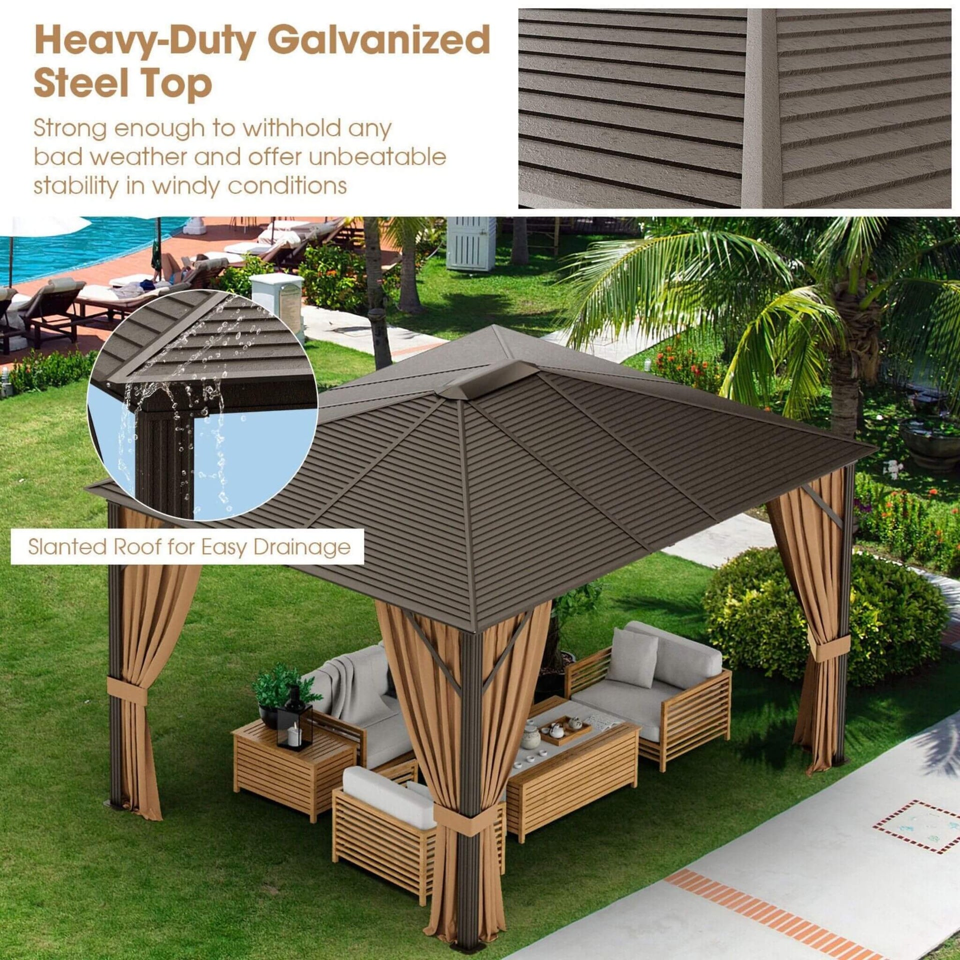 [10x12FT] Premium Outdoor Hardtop Patio Gazebo W/ Galvanized Steel Top & Aluminum Frame (SAK74065)
