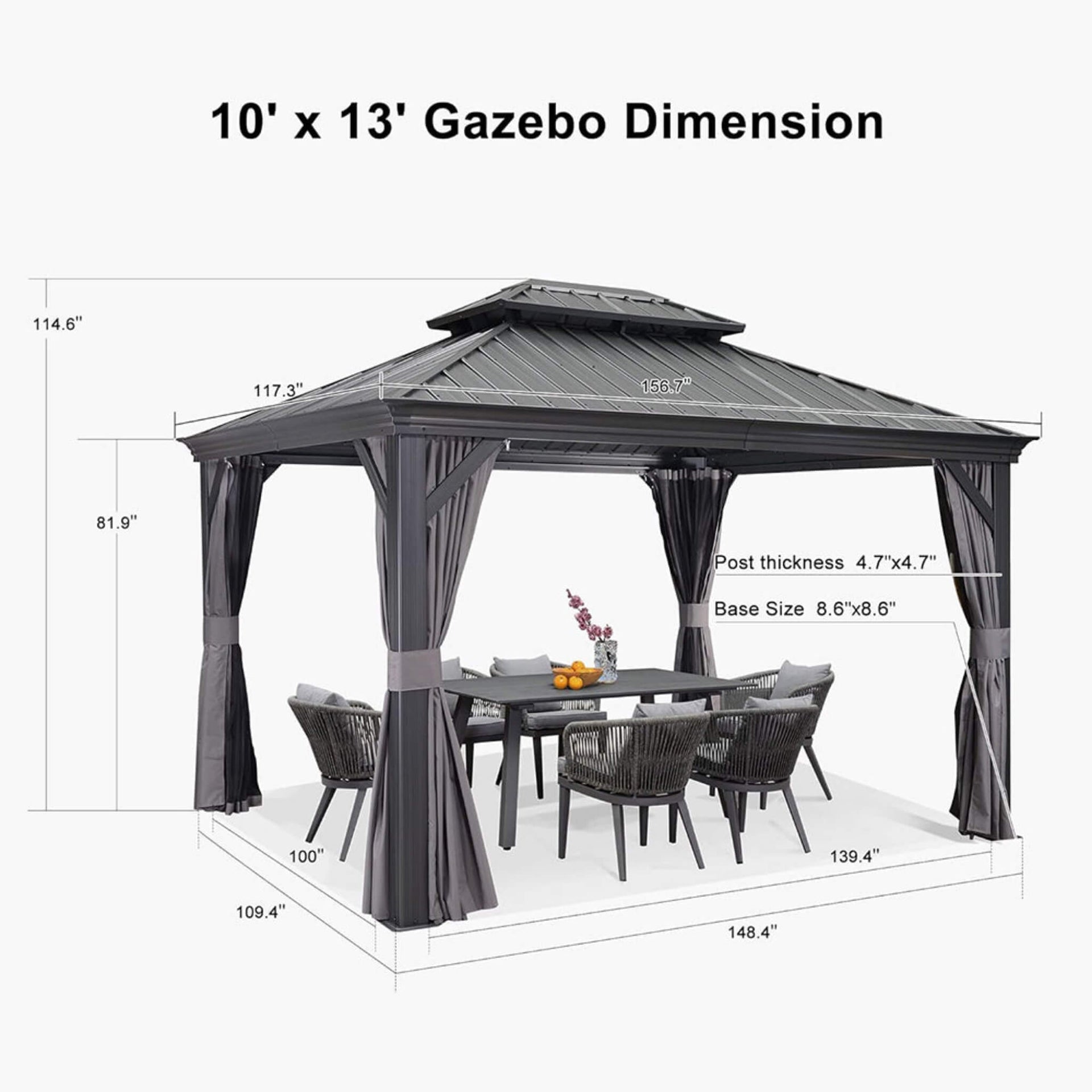 [10X13FT] Large Premium Outdoor Hardtop Aluminum Gazebo With Galvanized Steel Double Roof (SAK74826)