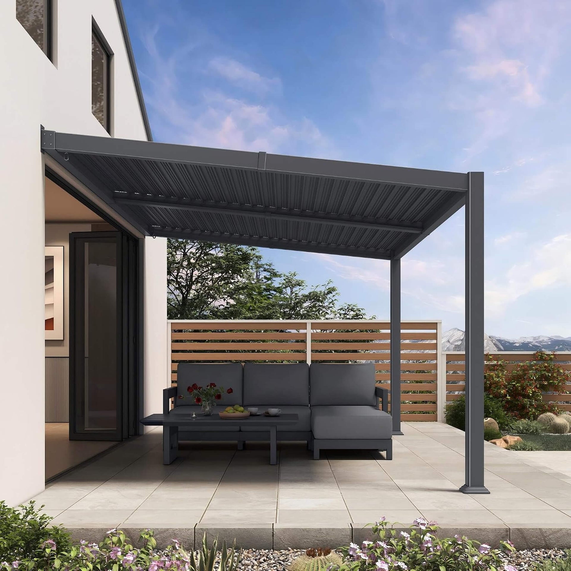 [10X14FT] Modern Wall-Mounted Louvered Pergola With Aluminum Frame (SAK30048)