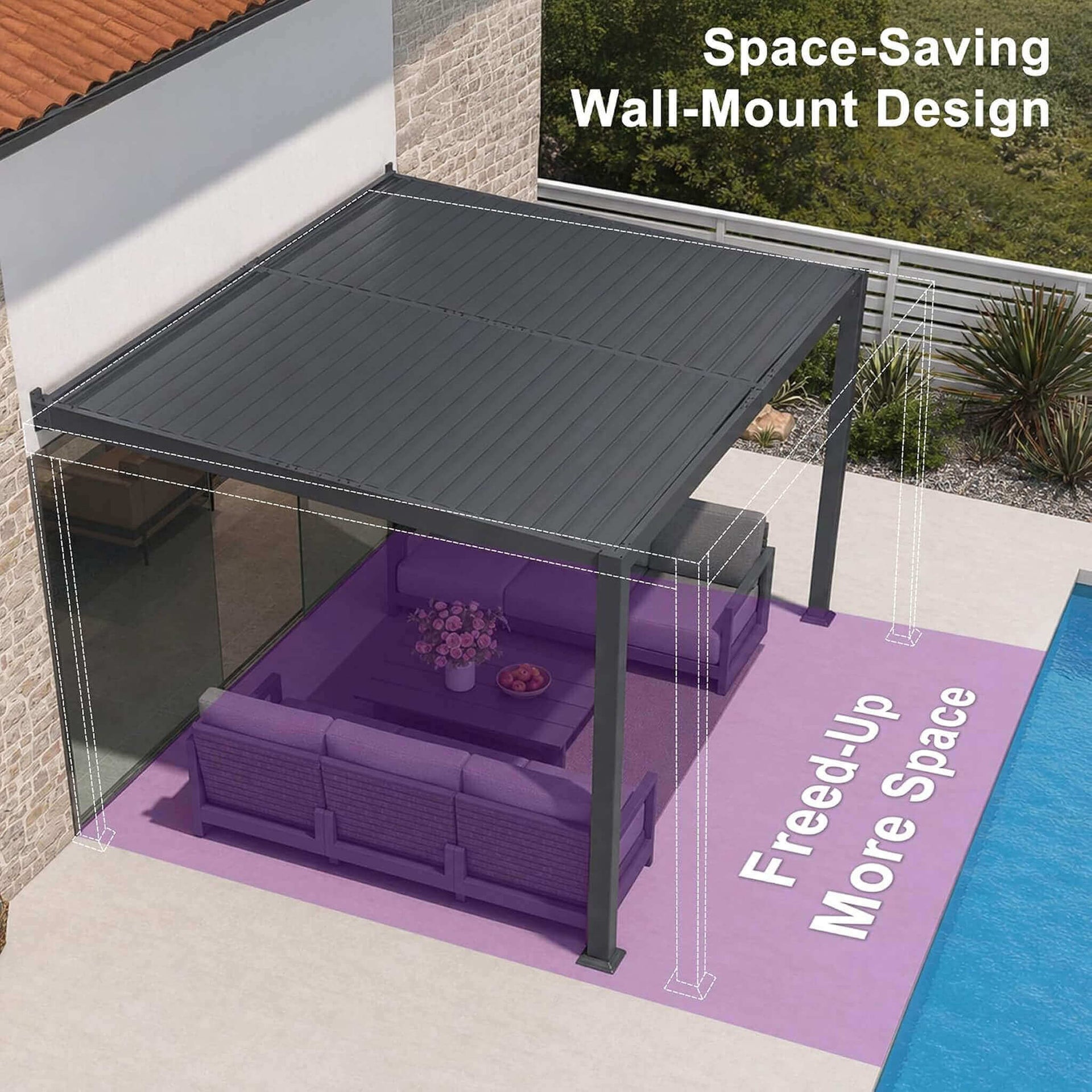 [10X14FT] Modern Wall-Mounted Louvered Pergola With Aluminum Frame (SAK30048)