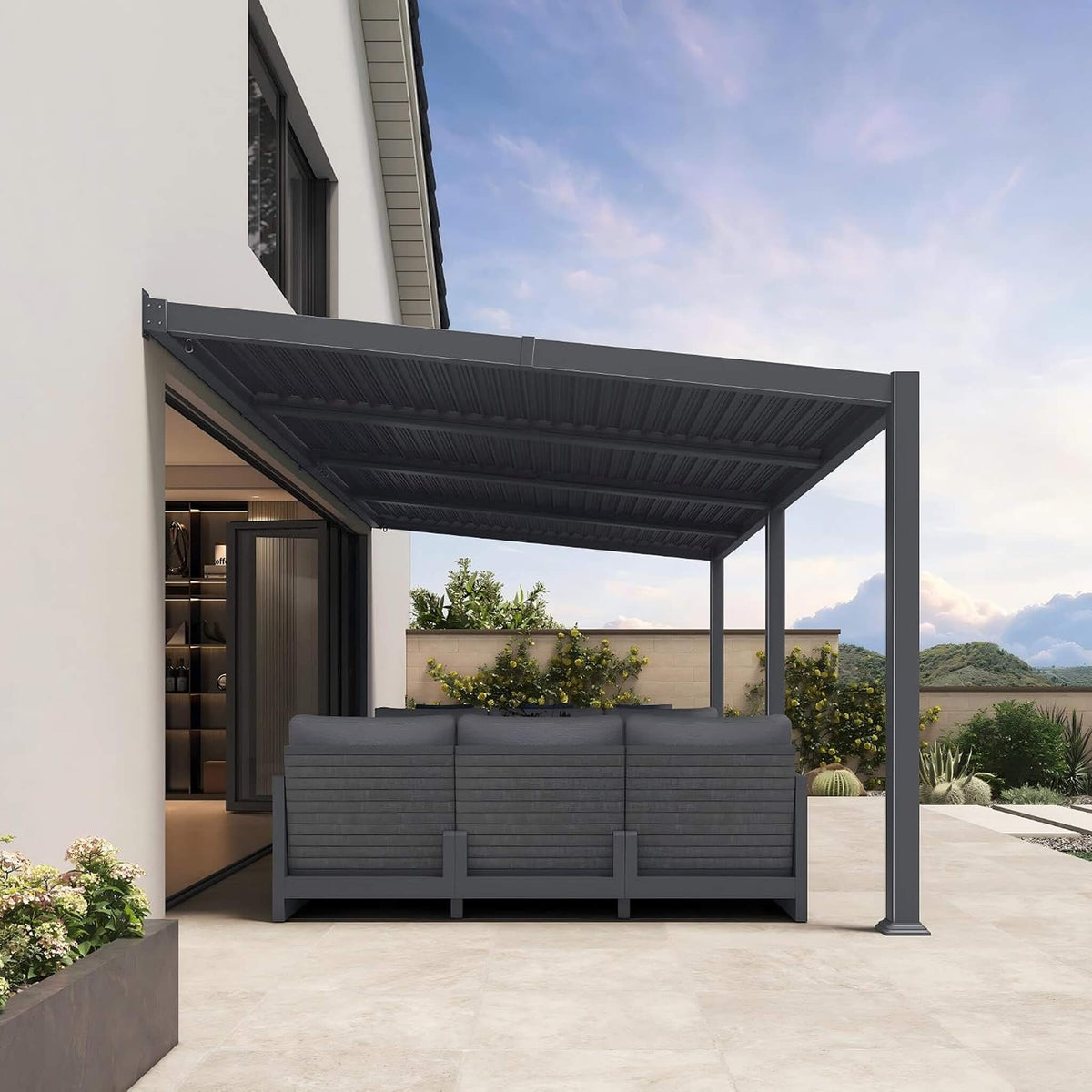 [10X20FT] Modern Wall-Mounted Louvered Pergola With Aluminum Frame (SAK90333)