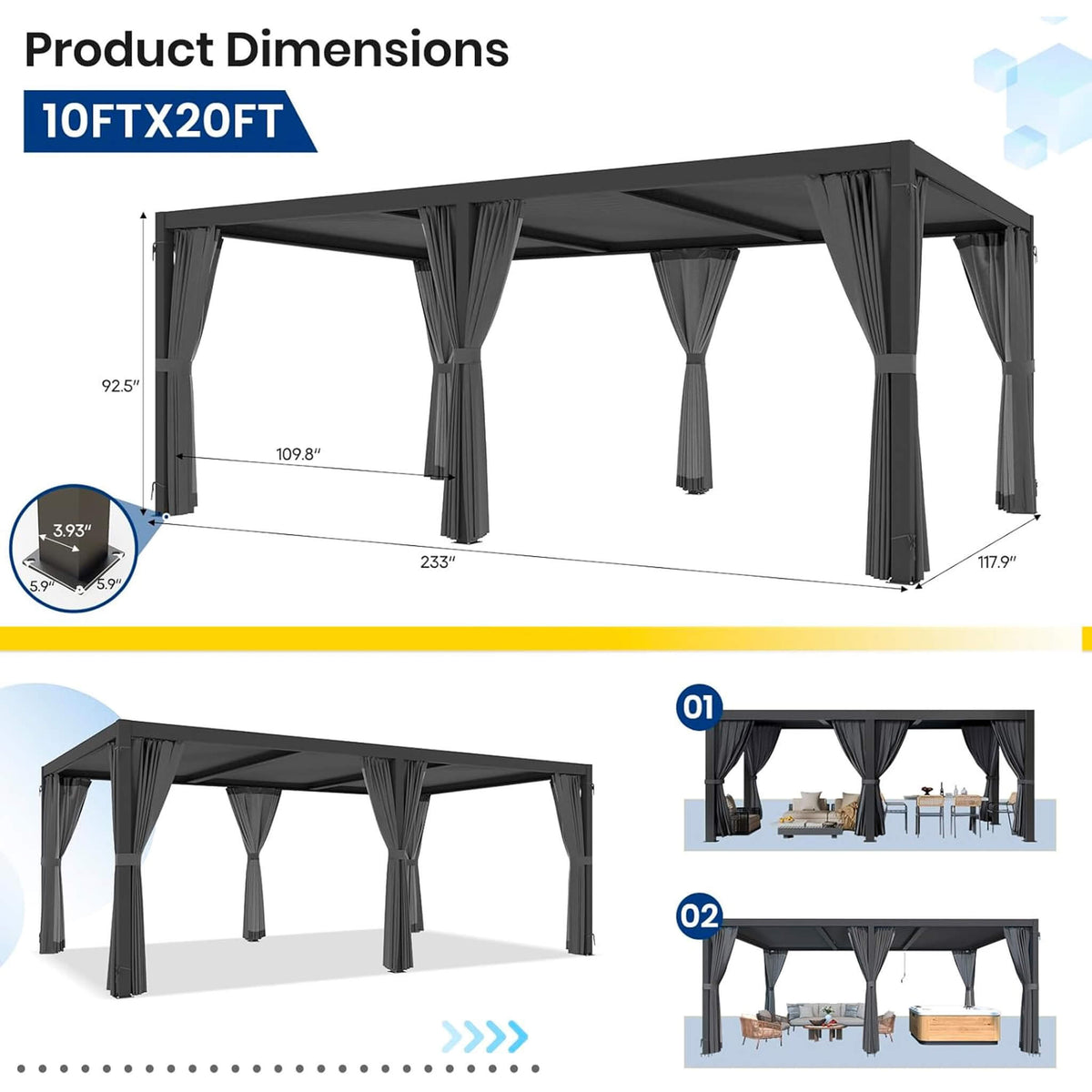 [10X20FT] Premium Louvered Pergola With Curtains And Netting (SAK67041)