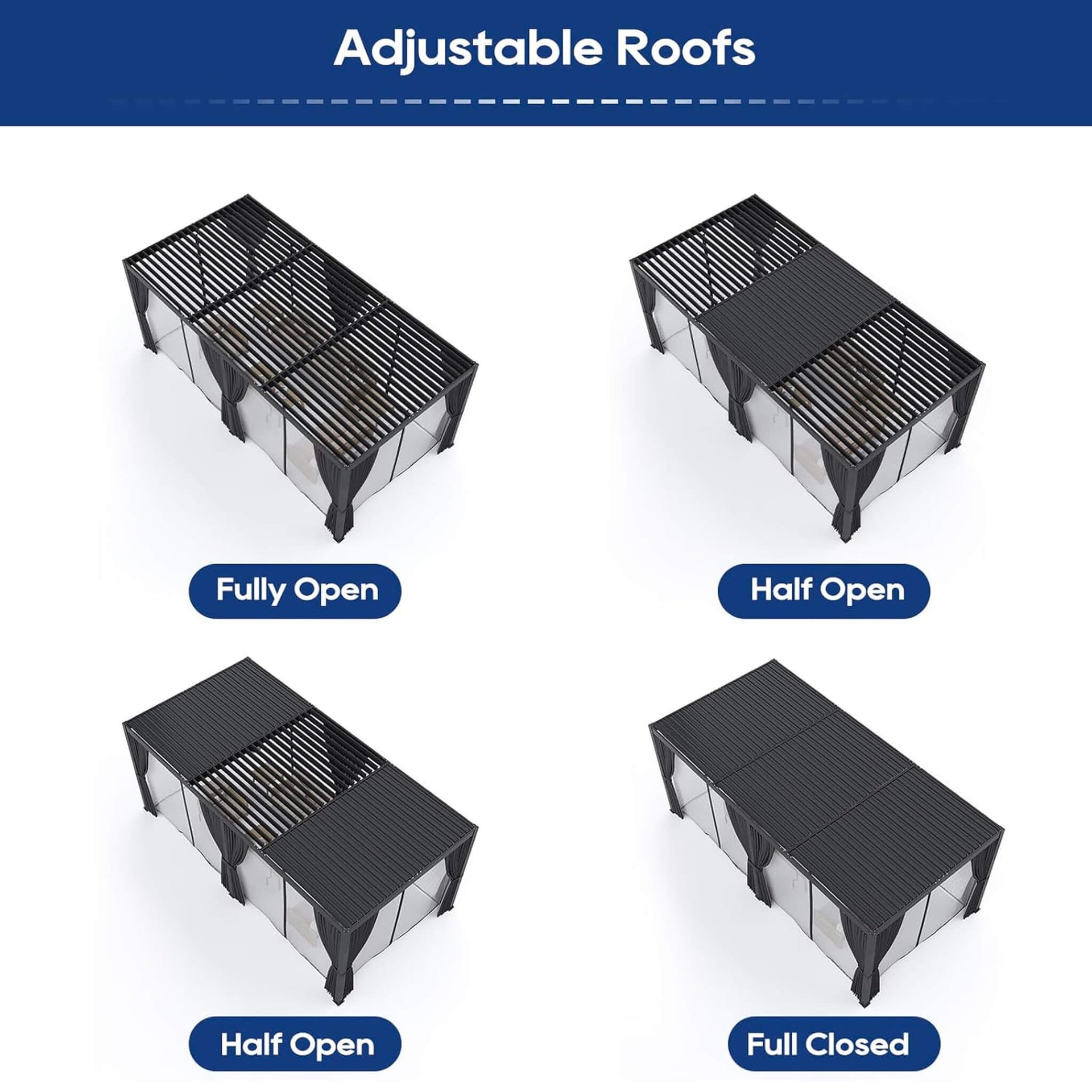 [10X20FT] Premium Louvered Pergola With Curtains And Netting (SAK67041)