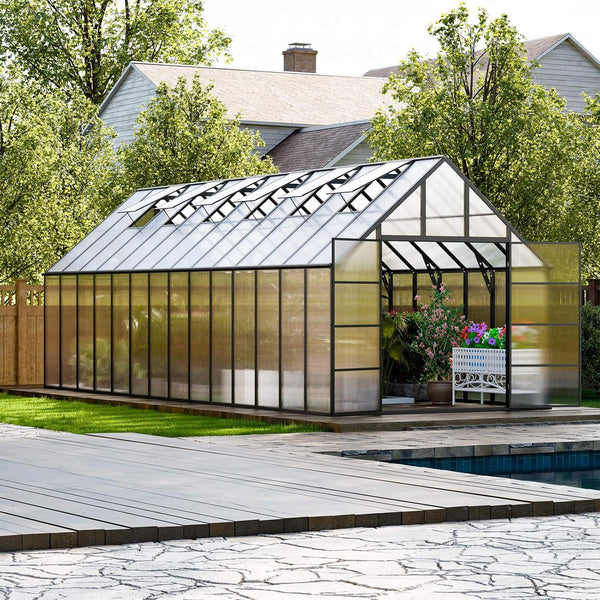 [10X28FT] Heavy-Duty Outdoor Aluminum Polycarbonate Greenhouse With Roof Vents And Swing Doors, 4MM (SAK24618)