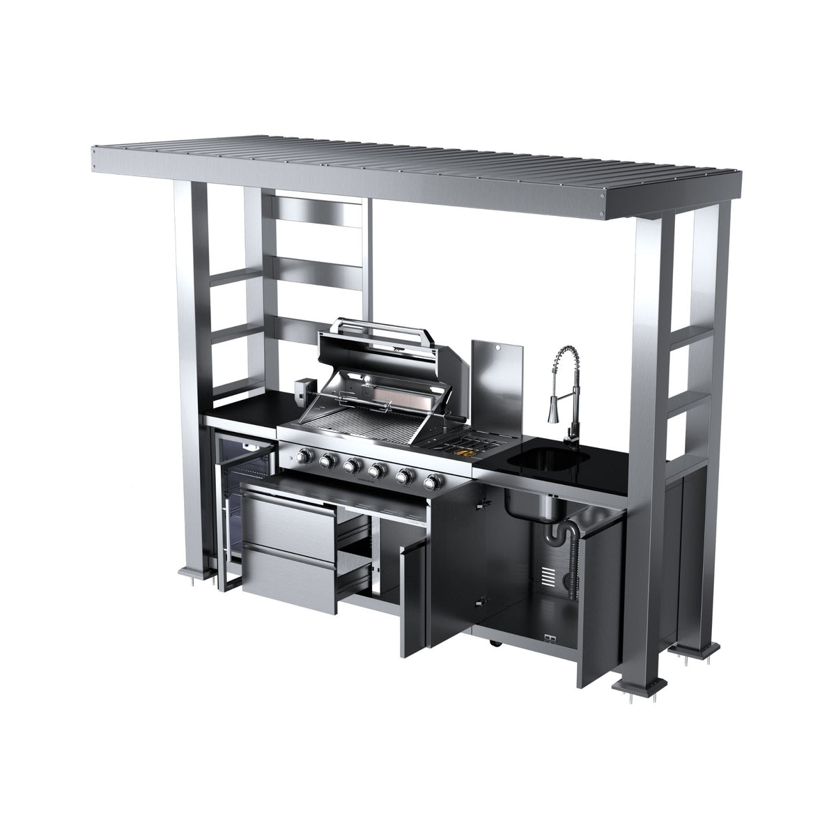 Imperial 110-Inch 4-Burner 72K BTU Deluxe Stainless Steel Outdoor Kitchen Grill Island With Wine Cooler, Rotisserie, Cabinets, And Granite Countertops (SAK94721)