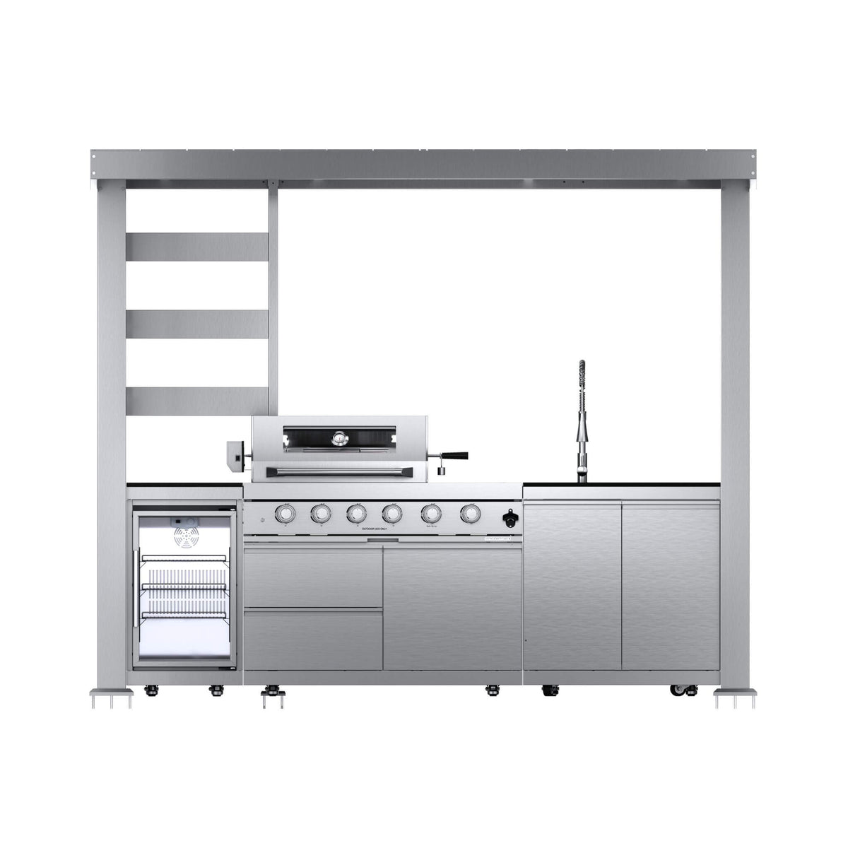Imperial 110-Inch 4-Burner 72K BTU Deluxe Stainless Steel Outdoor Kitchen Grill Island With Wine Cooler, Rotisserie, Cabinets, And Granite Countertops (SAK94721)