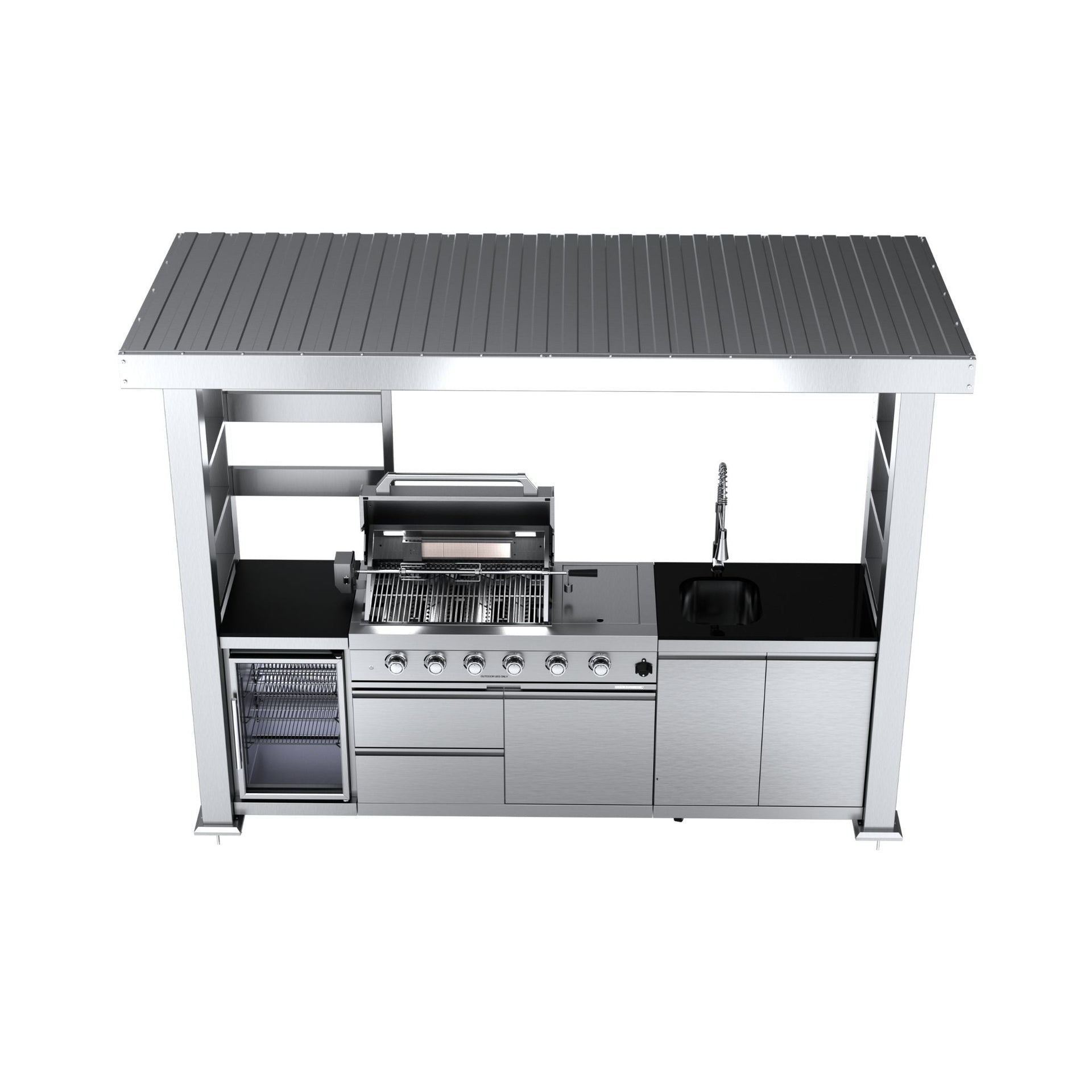 Imperial 110-Inch 4-Burner 72K BTU Deluxe Stainless Steel Outdoor Kitchen Grill Island With Wine Cooler, Rotisserie, Cabinets, And Granite Countertops (SAK94721)
