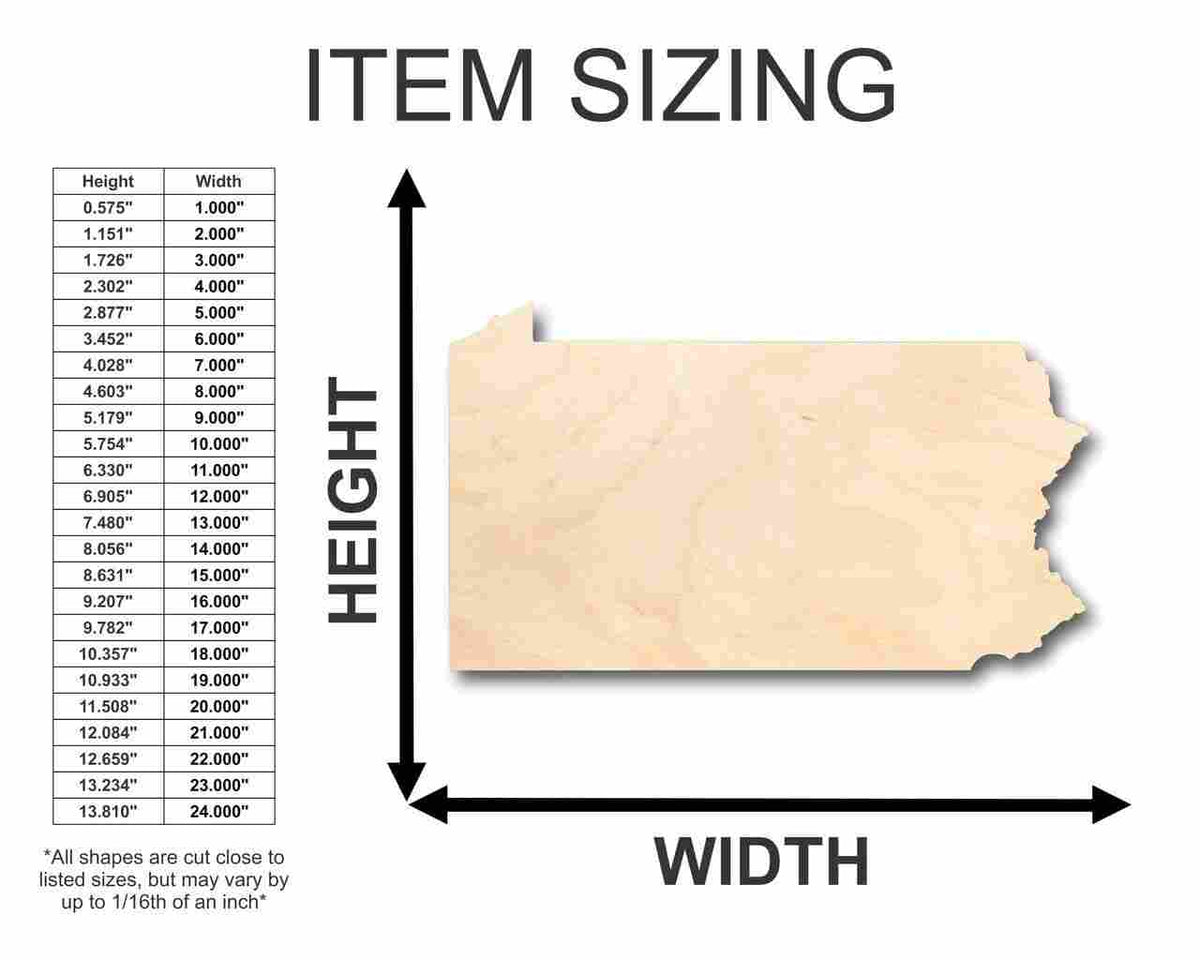 Unfinished Wood Pennsylvania Shape - State - Craft - up to 46