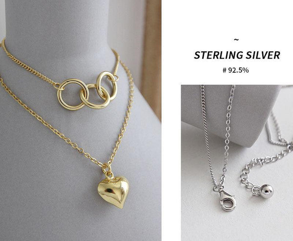 925 Sterling Silver Necklace, Lady's Heart Necklace, Double necklace, Womens Silver Necklace