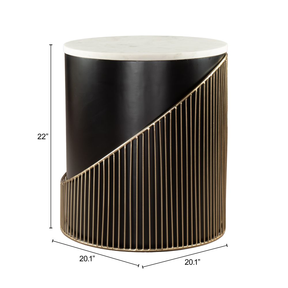 Black and gold side table with white top, dimensions indicated