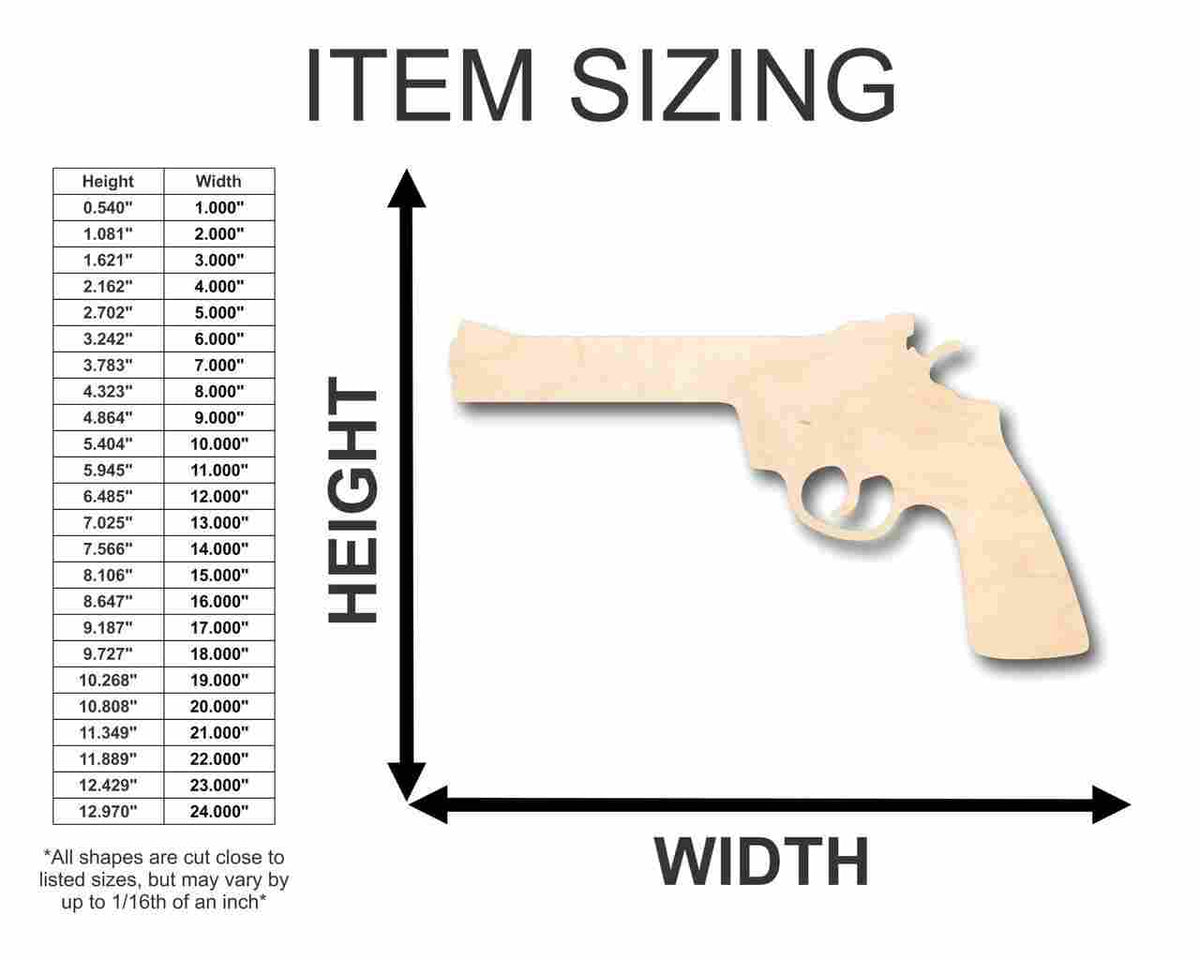 Unfinished Wood Revolver Shape - Gun - Police - Military - Craft - up to 46