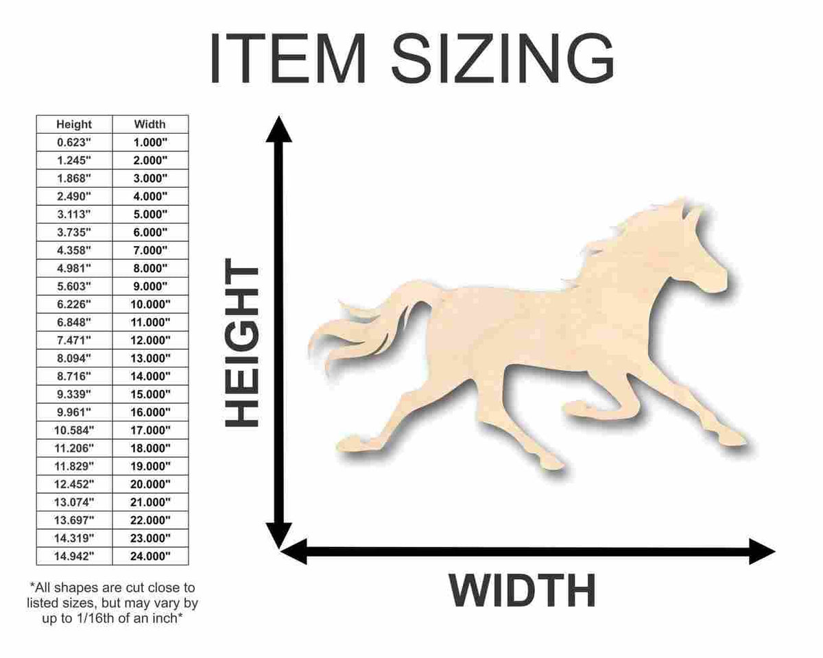 Unfinished Wood Running Wild Horse Shape - Sport - Farm Animal - Craft - up to 46