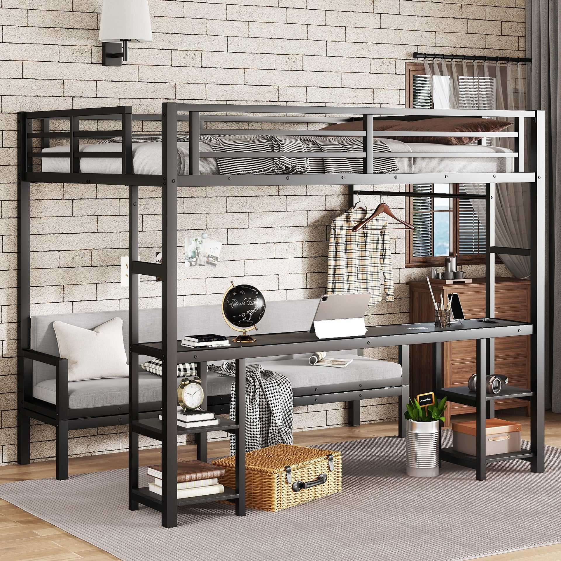Queen Over Twin XL Metal Bunk Bed with Desk and Shelves