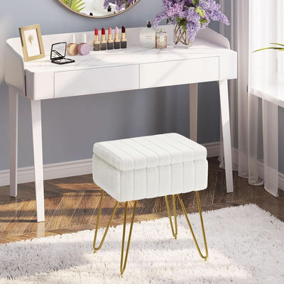 White Faux-Fur Vanity Stool With Premium-Grade Stowable-Storage