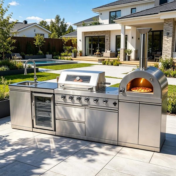 112-Inch 4-Burner 108K BTU Outdoor Kitchen Island With Pizza Oven, Rotisserie & Refrigerator (SAK94565)