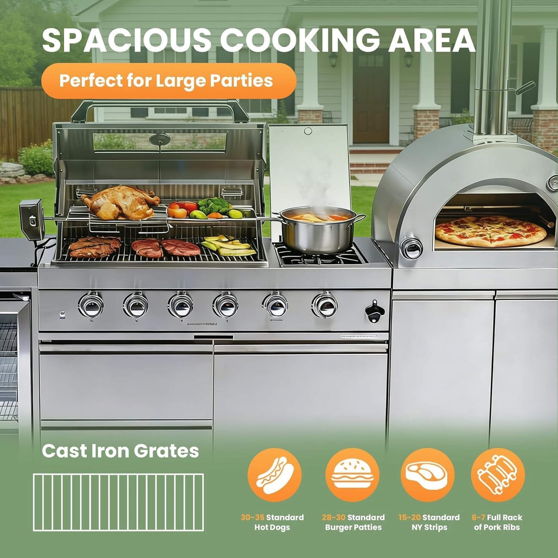 112-Inch 4-Burner 108K BTU Outdoor Kitchen Island With Pizza Oven, Rotisserie & Refrigerator (SAK94565)