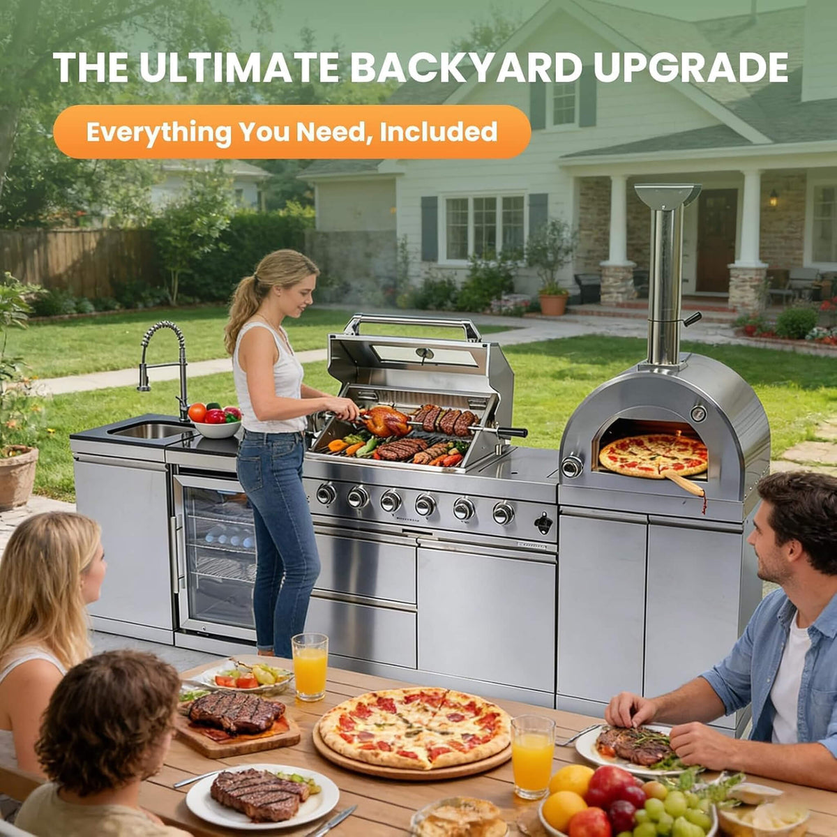 112-Inch 4-Burner 108K BTU Outdoor Kitchen Island With Pizza Oven, Rotisserie & Refrigerator (SAK94565)