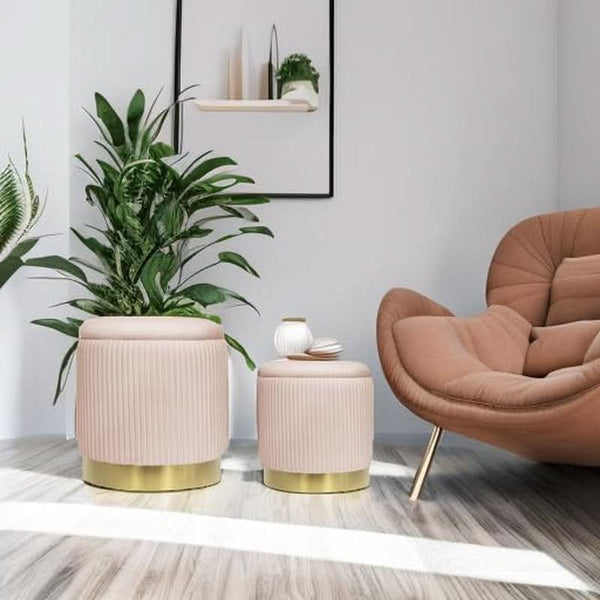 Bubblegum Pink Velvet Circular Ottoman With Storage