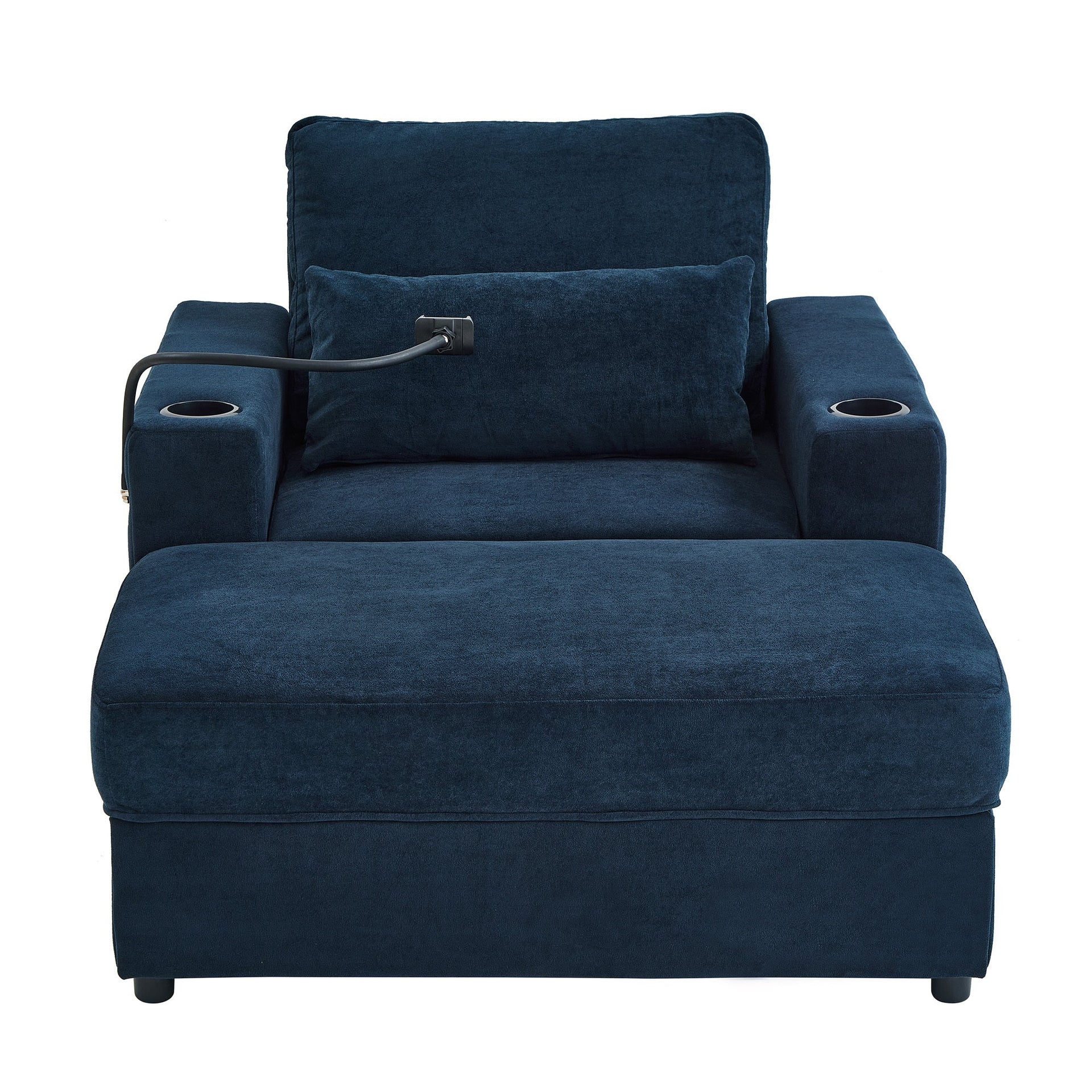 Modern Style Armchair Chaise Lounge  with Movable Storage Ottoman, USB Ports, and Cup Holders