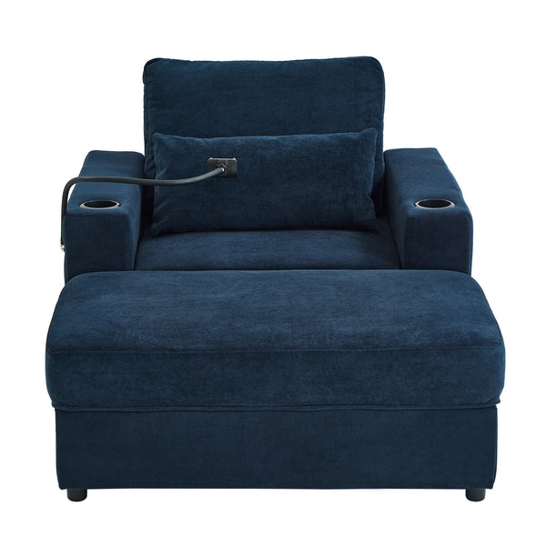 Modern Style Armchair Chaise Lounge  with Movable Storage Ottoman, USB Ports, and Cup Holders