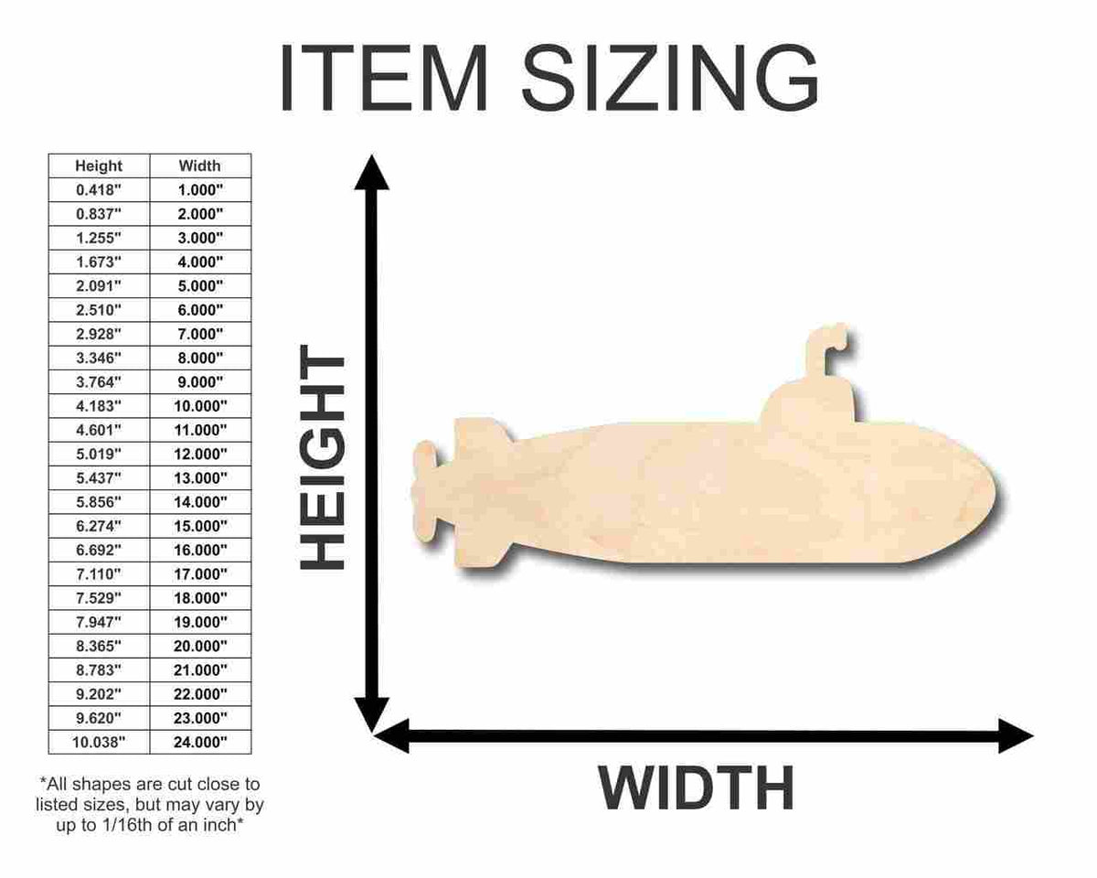 Unfinished Wood Submarine Shape - Ocean - Beach - Nursery - Craft - up to 46