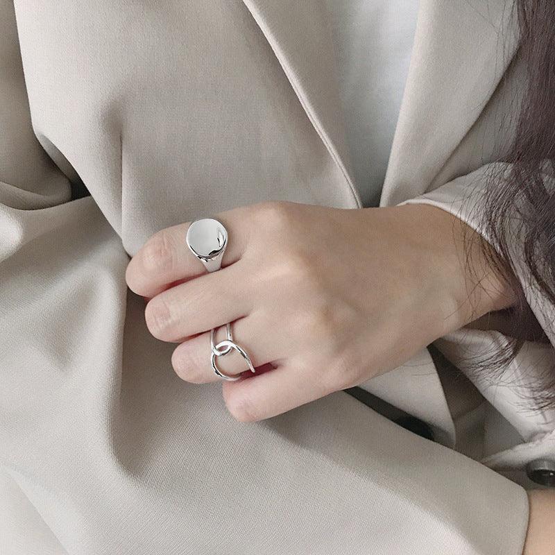 925 Sterling Silver Adjustable Open Ring #7 Gold Plated Jewellery For Women Oval Concave Shape