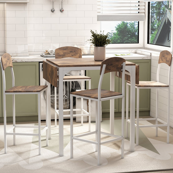 Farmhouse 5-piece Counter Height Drop Leaf Dining Table Set with Dining Chairs for 4,White Frame+ Rustic Brown Tabletop Vtng Furniture
