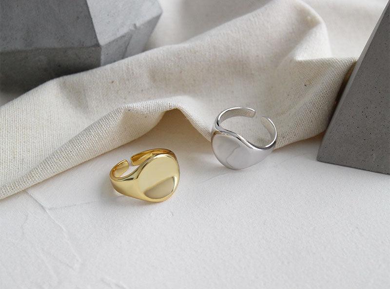 925 Sterling Silver Adjustable Open Ring #7 Gold Plated Jewellery For Women Oval Concave Shape