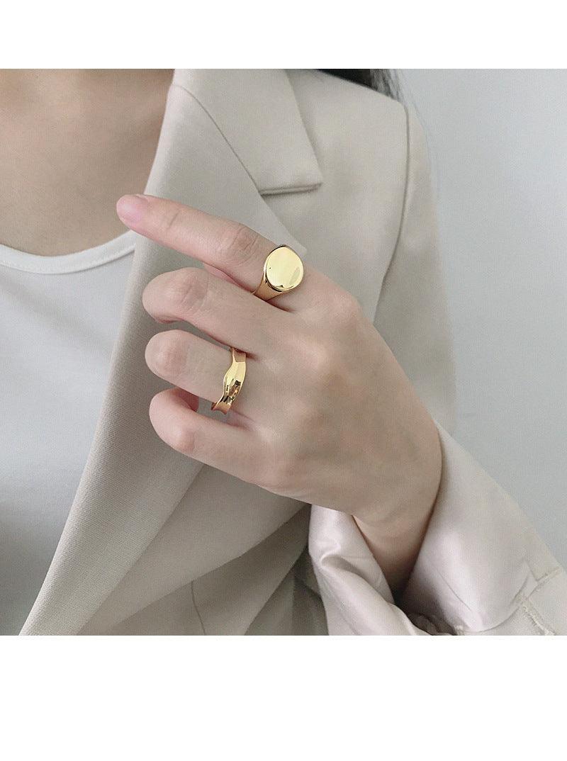 925 Sterling Silver Adjustable Open Ring #7 Gold Plated Jewellery For Women Oval Concave Shape