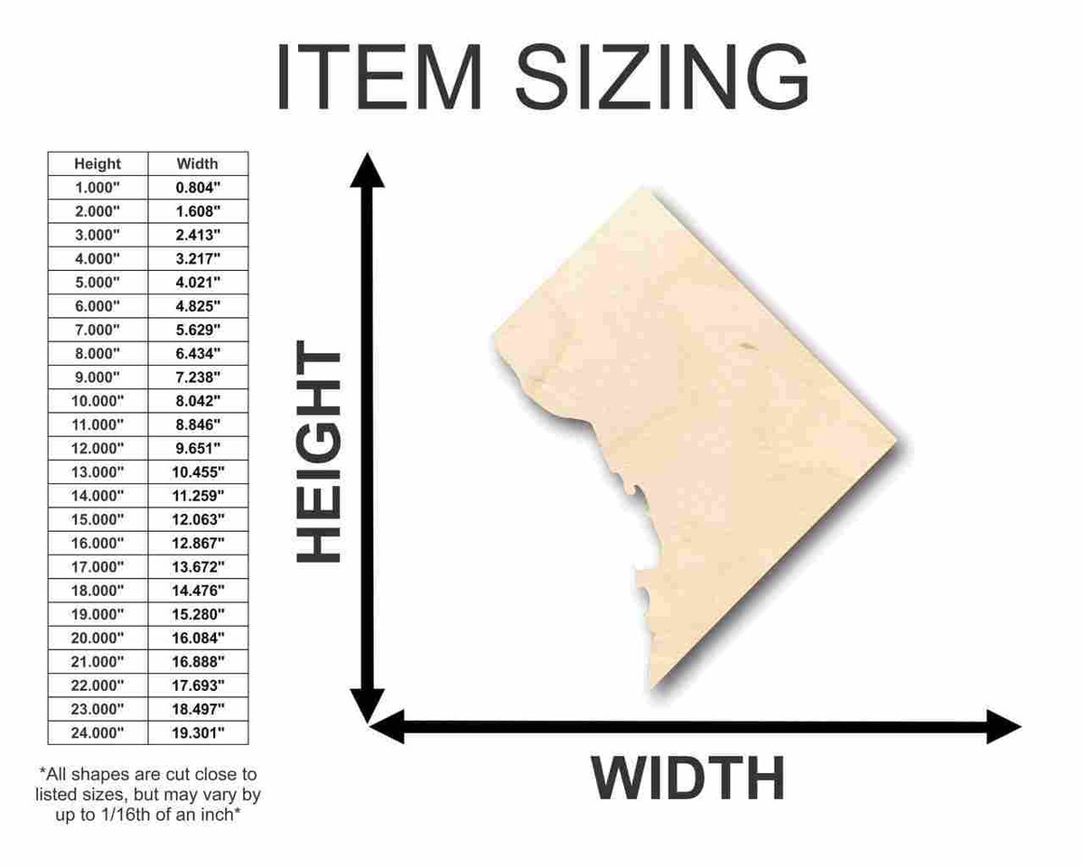 Unfinished Wood Washington DC Shape - USA Capital - Craft - up to 46