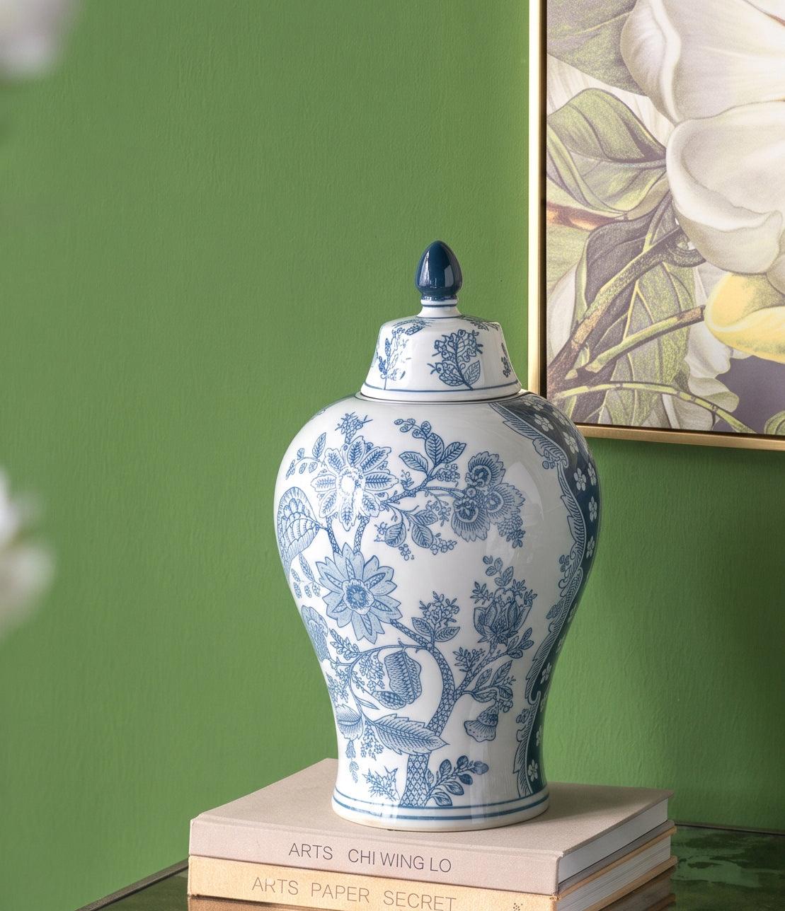 Blue & White Porcelain  Chinoiserie Decorative Storage Vase