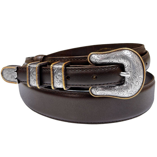 Western Ranger Antique Gold Engraved Buckle Genuine Cowhide Leather Belt