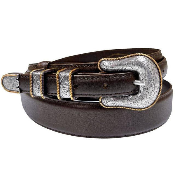 Western Ranger Antique Gold Engraved Buckle Genuine Cowhide Leather Belt