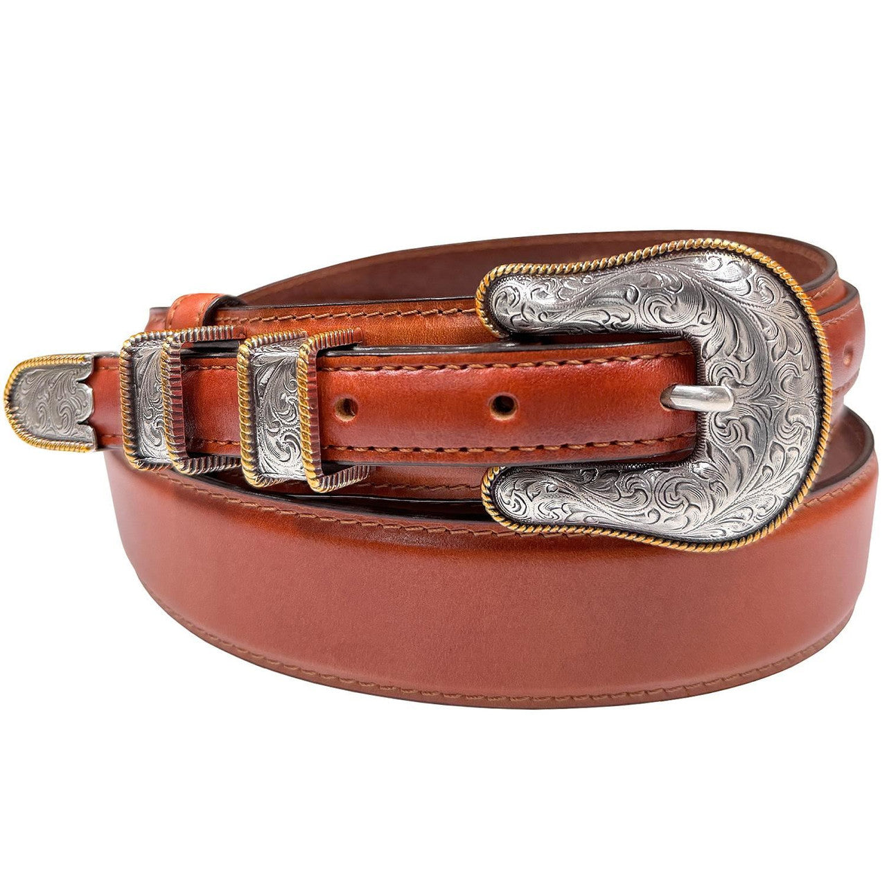 Western Ranger Antique Gold Engraved Buckle Genuine Cowhide Leather Belt
