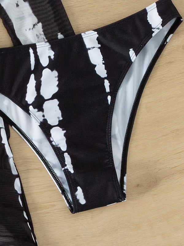 Horizon Haze 3-Piece Tie Dye Bandeau Bikini Set for Women – Strapless Tube Top with Long Sleeve Semi-Sheer Cover-Up Dress for Summer – Artistic Stripe Print Swimwear Ensemble for Bold Summer Fashion