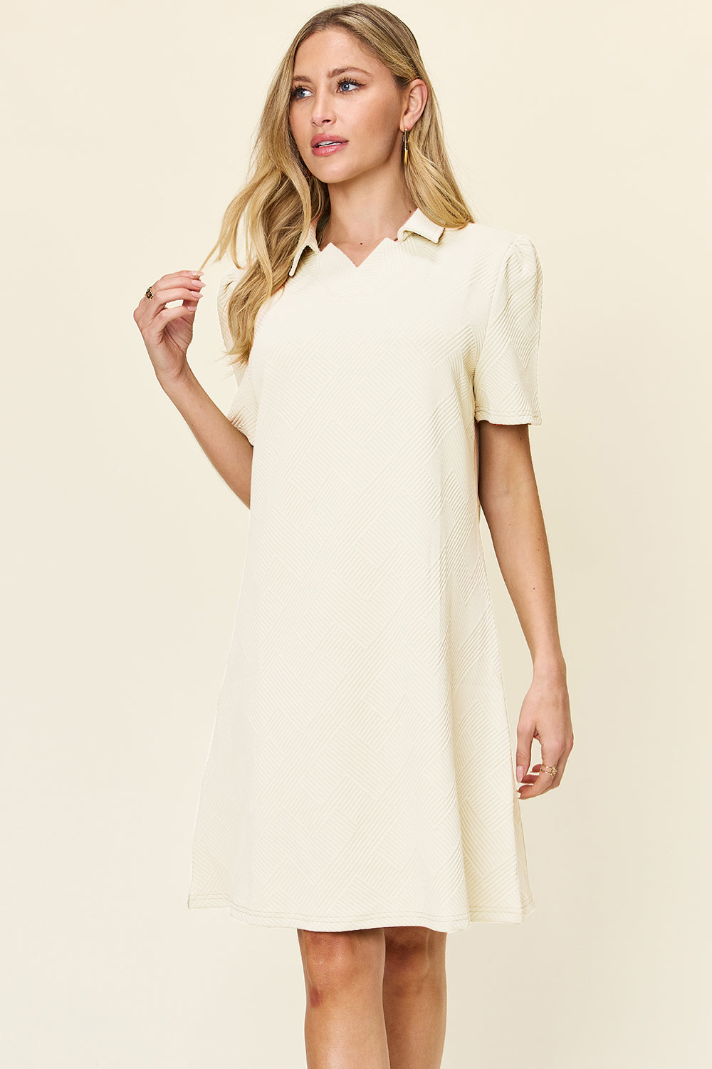 Double Take Full Size Texture Collared Neck Short Sleeve Dress Textured Dress For Women