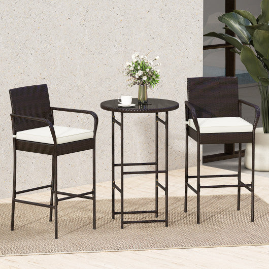 3 Piece Outdoor Bar Set with 2 Seat Cushions for Porch Yard-White
